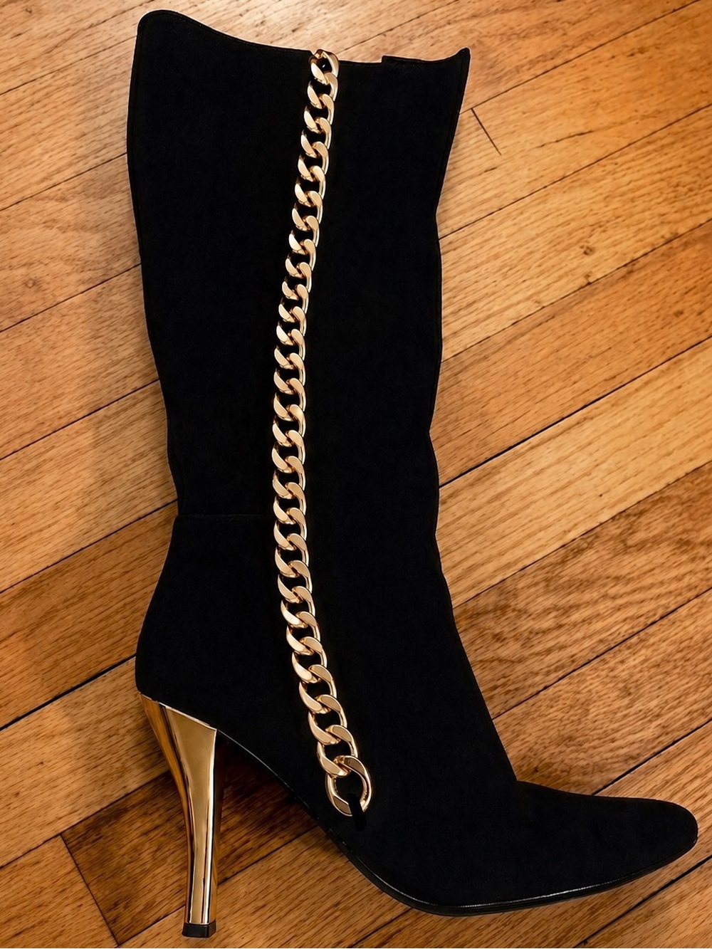 Colin Stuart Black Suede Gold Metal Chain Knee High Heel Boots Sexy Bling Size 9